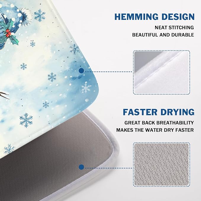 Winter Snowman Dish Drying Mat for Kitchen Counter 18x24 Inch | Blue Christmas Snowflake Snow Scene Dish Drainer Mat Rustic Seasonal Holiday Absorbent Washable Drying Pad