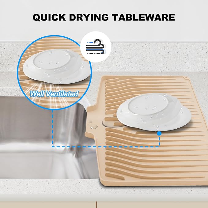 Silicone Dish Drying Mat for Kitchen Countertops and Sinks,19 x13.7 Inch Non Slip Heat Resistant Mat with Built In Drainage System,For Refrigerator and Drawer Liners (beige, 19 x13.7 Inch)