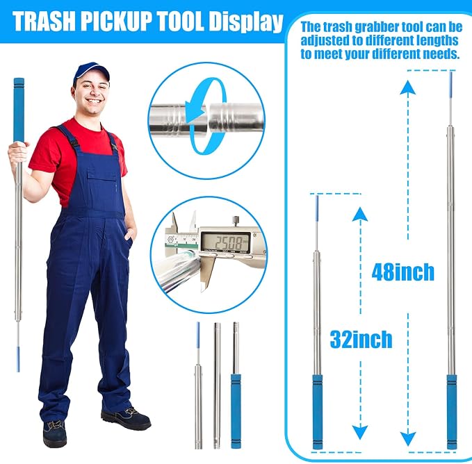 Trash Poker Stick,48Inch Trash Picker Upper Grabber High-Duty Stainless Steels Tip Lightweight & Reinforcement Garbage Debris Nabber Litter Picker Grabber Durability Reacher Yard Stick
