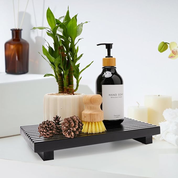 Black Bathroom Counter Tray Organizer Wood Riser Stand Kitchen Soap Holder | Rustic Countertop Trays Wooden Pedestal Display Dish Soap Dispenser Holder for Bathroom Decor Sink Accessories Vanity Tray