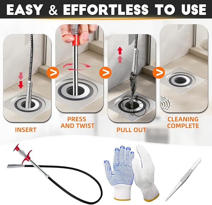 Flexible Grabber Claw (4 Claws), Drain Snake with Tweezers, Bendable Hose Grabber Reacher Tool, Retractable Drain Clog Remover Tool, Pickup Tool for Bath Tub, Toilet, Kitchen Sink & Sewer (24 inches)