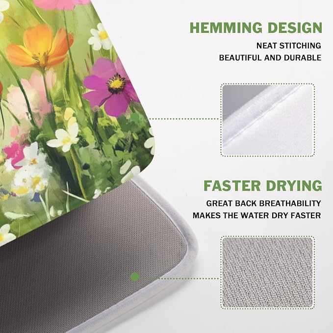 Spring Summer Daisy Dish Drying Mat 16 x 18 Inch Colourful Floral Pattern Dish Drainer Rack Mat Absorbent Microfiber Mats Holiday Dish Pad for Kitchen Coffee Dining Bar Decor