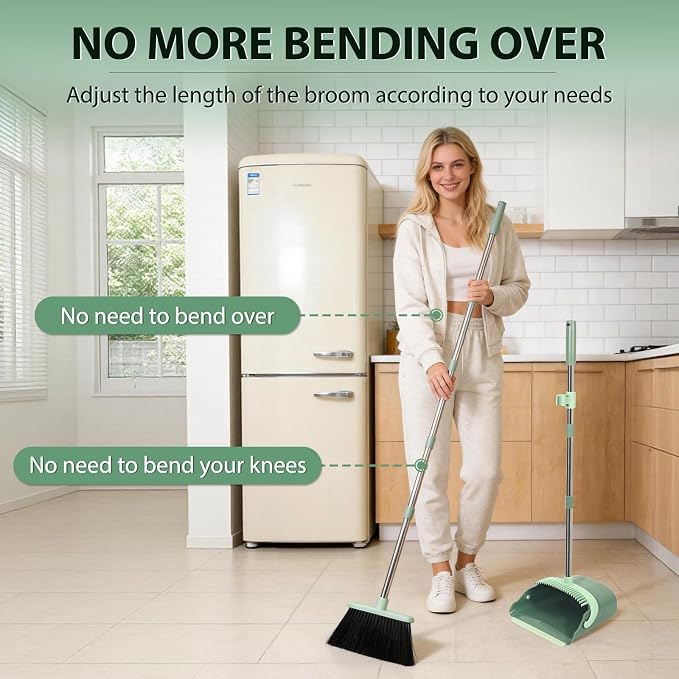 YZO Broom and Dustpan Set, 54.33 Inch Long Handle Standing Design, Dustpan Front Rubber Tight Seal, Broom with 5 Layer Bristles, Suitable for Living Room, Bedroom, Yard, Office (Green)
