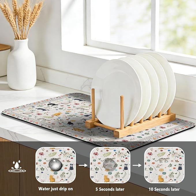 Dish Drying Mat, Vintage Rustic Boho Kitchen Dishes Absorbent Pad, 18x24in | Eco-friendly diatomite with non-slip rubber backing. Super absorbent mat for kitchen counters, coffee bars & sinks