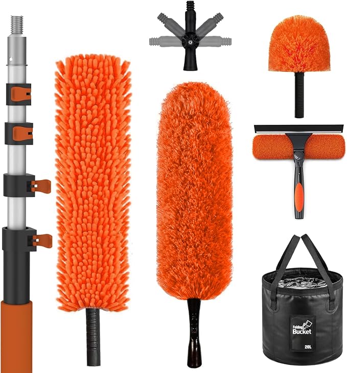 SISUPASSIE 20FT Reach High Ceiling Duster Kit, Window Cleaning kit with 3-12FT Extension Pole, Fan Duster for Ceiling Fan Blades, Microfiber Feather Duster, Window Squeegee, Bucket and Cobweb Duster