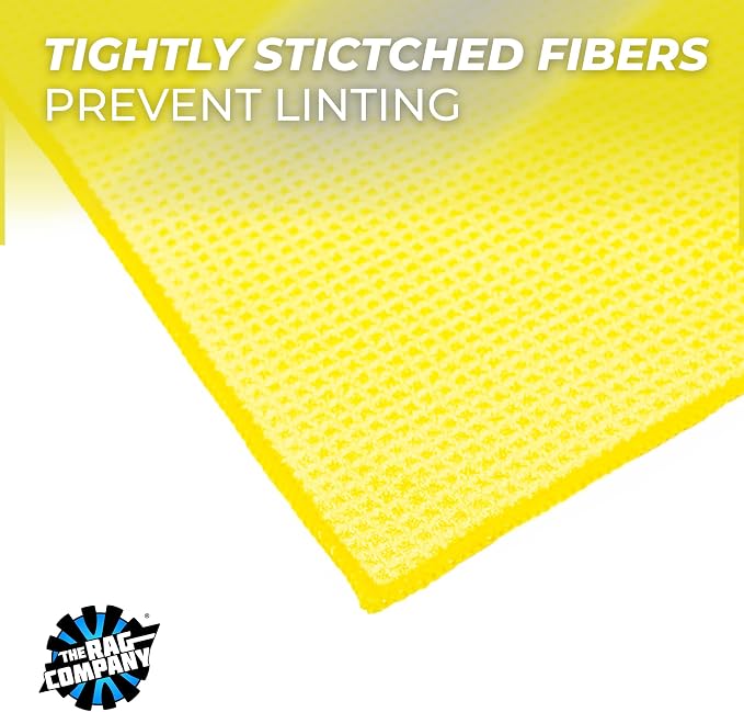 The Rag Company - Standard Waffle Weave Microfiber Towels (3-Pack) Detailing, Window, Glass and Drying, Wax & Polish, Lint-Free, Streak-Free, 370gsm, 16in x 16in, Yellow
