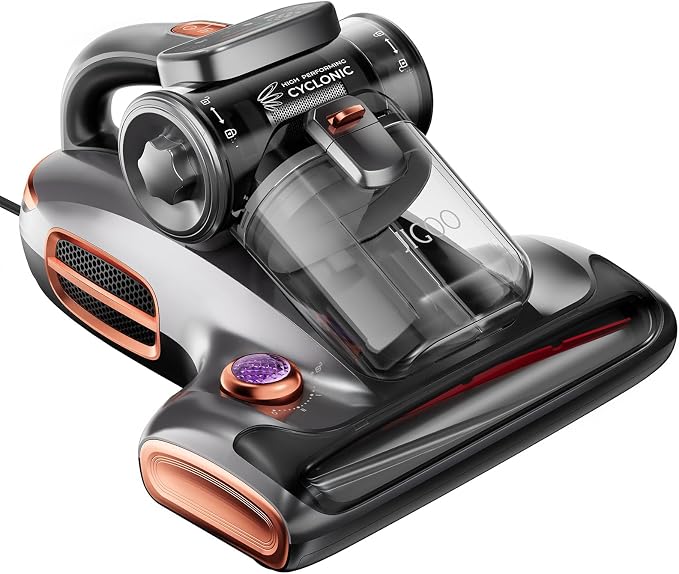 JIGOO T600 Bed Vacuum Cleaner with UV-C Light, 15Kpa Suction 700W Powerful Double Cup Handheld Vacuums, Mattress Vacuum Cleaner with Smart Dust Sensor, Ultrasonic & Heating Tech, HEPA Filter - Corded