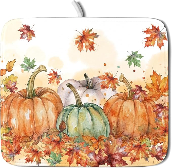 Fall Dish Drying Mat for Kitchen Counter 16×18 Inch Orange Pumpkin Drainer Pad Rustic Autumn Dish Rack Pad Drainer Mat Thanksgiving Absorbent Reversible Microfiber Dish Drying Pad for Coffee Bar