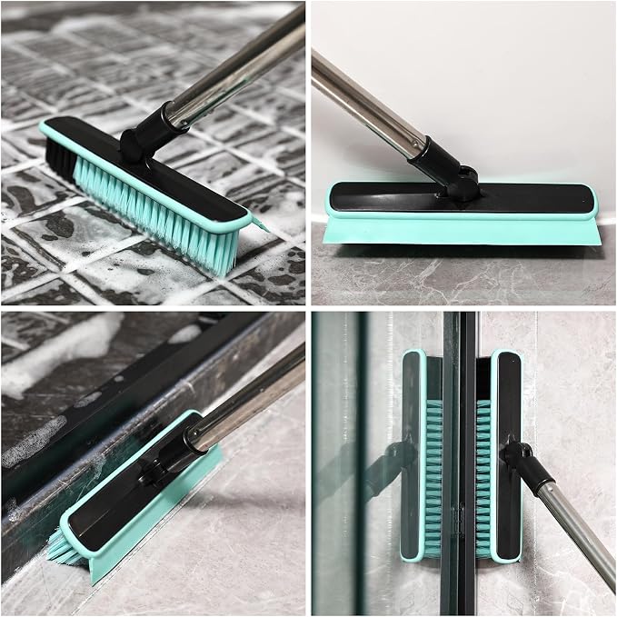 Grout Cleaner Brush with Long Handle, V-Shaped Floor Scrub Brush Swivel Grout Brush Stiff Bristle Floor Grout Scrubber for Bathroom, Tile Line, Crevice, Kitchen, Wall, Deck, Garage (Green)