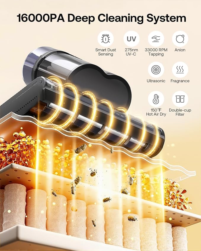Mattress Vacuum Cleaner with 275nm UV-C Light & 149℉ Heat, 16Kpa Powerful Suction Bed Vacuum for Pet Hair & Dander, Smart Dust Sensor, Anion & Aromatherapy, Corded for Bed, Sofa, Couch, Purple