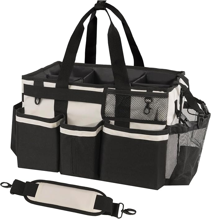 SCAVATA Wearable Cleaning Caddy, Cleaning Caddy Supplies Organizer with Handle & Shoulder Straps for Housekeepers, Under Sink & Car Cleaning Tool Organizers Bag with 4 Foldable Divider (Beige)