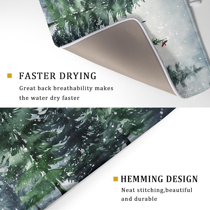 Winter Dish Drying Mat for Kitchen Counter Winter Pine Tree Dish Drying Mat 18x24 Inch Red Bird Christmas Dish Draining Mat Absorbent Reversible Dish Pad Kitchen Accessories Table Protector