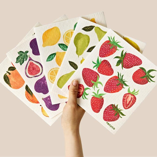 RECYCO Swedish Dishcloths for Kitchen | 5 Pack Fruit Grove Washable Dish Rags | Cellulose Reusable Cleaning Paper Towels | Absorbent Counter Dish Cloth Sponge Kitchen Wipes, 8" L x 7" W