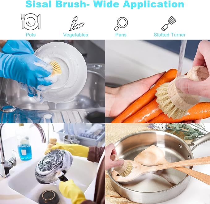 Aisuly Bamboo Dish Brush Set, 2 Pcs Palm Wooden Dish Scrubber Brush, Dish Brushes, Durable Wood Dishes Scrub Brush, Natural Round Vegetable Cleaning Pots Pans Sink Washing Kitchen Brush