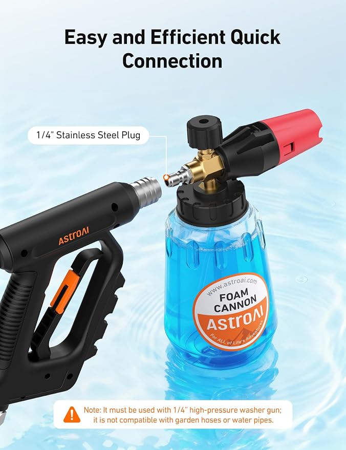 AstroAI Foam Cannon for Pressure Washer with 1/4" Quick Connect Plug, 1 L | Thick Foam, Car Wash, Heavy Duty Snow Clear Bottle, Wide Neck, Adjustable, Quick Connect, for Various Cleaning Tasks, Brass