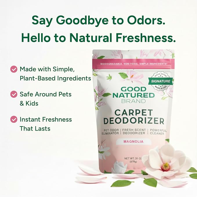 Good Natured Brand | Carpet Freshener & Deodorizer Powder | 31 oz Pet Odor Eliminator for Strong Odor & Pet Urine | Fresh Natural Magnolia Scent | Safe for Homes with Pets