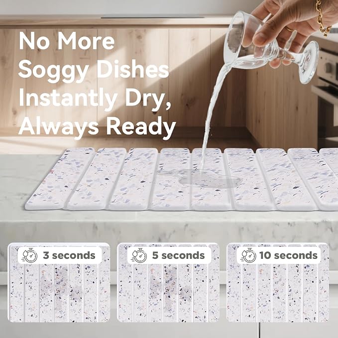 Stone Drying Mat for Kitchen Counter, 24 x 16 inches, Fast Drying Collapsible Dish Drying Mat, Eco-Friendly Absorbent Diatomaceous Earth Mats for Dishes Bottles Cups (Terrazzo)