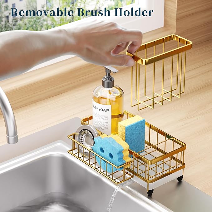 Consumest Sponge Holder for Kitchen Sink - Auto Draining Sink Caddy Organizer with Detachable Rack, High Brush Holder, Kitchen Countertop Storage Accessories, Gold