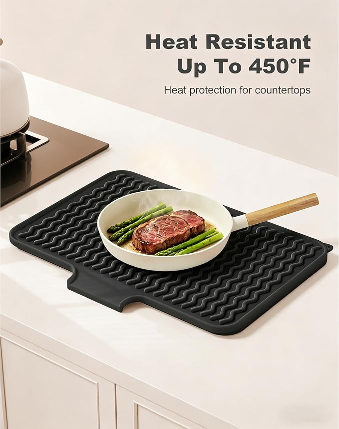 Rnivvi Silicone Dish Drying Mat for Kitchen Counter, 16 x 12" Drainer Pad with Drainage Spout, Heat Resistant Trivet Non-Slip Dish Rack Mats for Countertop Protection, Kitchen Bar Decor Pad, Black