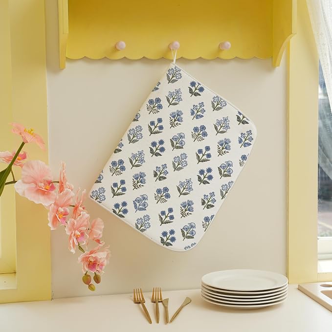Blue Green Dish Drying Mat 18x24 Inch Vintage Block Print Floral Drying Mat Spring Summer Flower Seasonal Absorbent Dish Drying Pad Dish Rack Drainer Mats for Kitchen Dining Counter