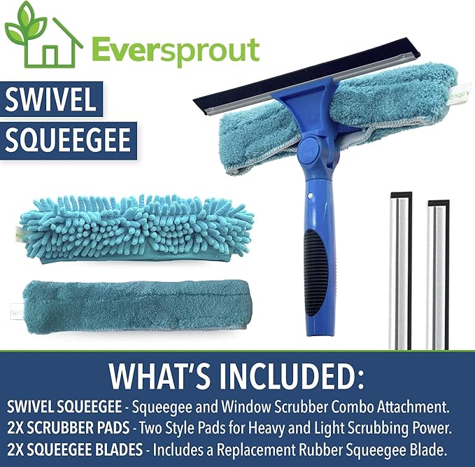 EVERSPROUT Swivel Squeegee & Microfiber Window Scrubber, Attachment Only | 2-in-1 Window & Glass Cleaning Combo, Fits Any Standard Pole, Swivels to 7 Angles, 10-inch Blade, Machine Washable, Non-Slip