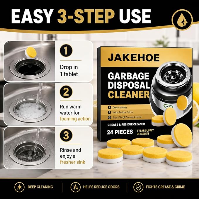 XL Foaming Garbage Disposal Cleaner and Deodorizer, Lemon Scent Kitchen Sink & Drain Odor Eliminate Tablets, Break Down Grease Buildup, Residue & Grime,12 Pack for Monthly Maintenance, Septic Safe