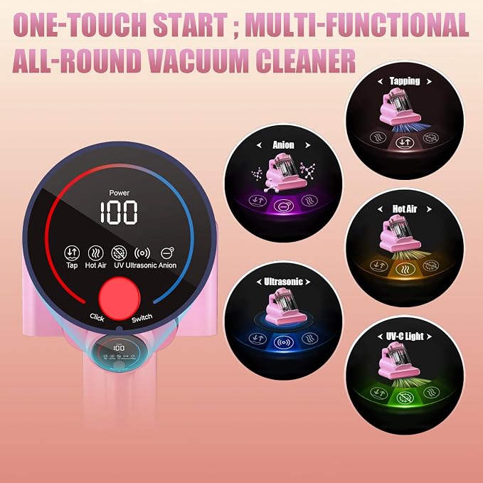 Teant Mattress Bed Vacuum Cleaner, 16 kPa Suction & 253.7nm UV-C, MV-Pink | 2-Speed Mattress Vacuum with 33000 RPM Tapping, UV-C, Ultrasonic, 149℉ Heat, Anion, HEPA, Deep Clean for Bed and Pet Hair