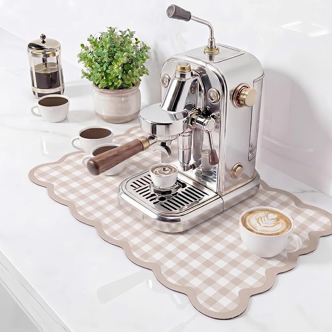 Scalloped Gingham Coffee Mat 12" x 20" Absorbent Coffee Bar Mat Gingham Espresso Matt for Counter(Brown)