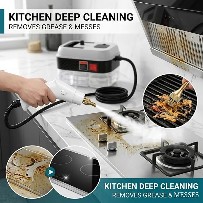 Foandbevi 1200W Handheld Steam Cleaner with 6 Adjustable Levels, 105℃ High-Pressure Portable Steam Cleaning Machine for Car Detailing, Tile Grout, Couch, Mattress, Bed & Home - 6 in 1 Attachments