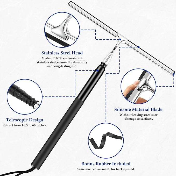2-in-1 Window Shower Squeegee with Extension Pole for Glass Doors | Professional Window Cleaner Tool, 14" Wide Washing Equipment for High Outside Glass, Solar Panels, Shower, Car Windshield