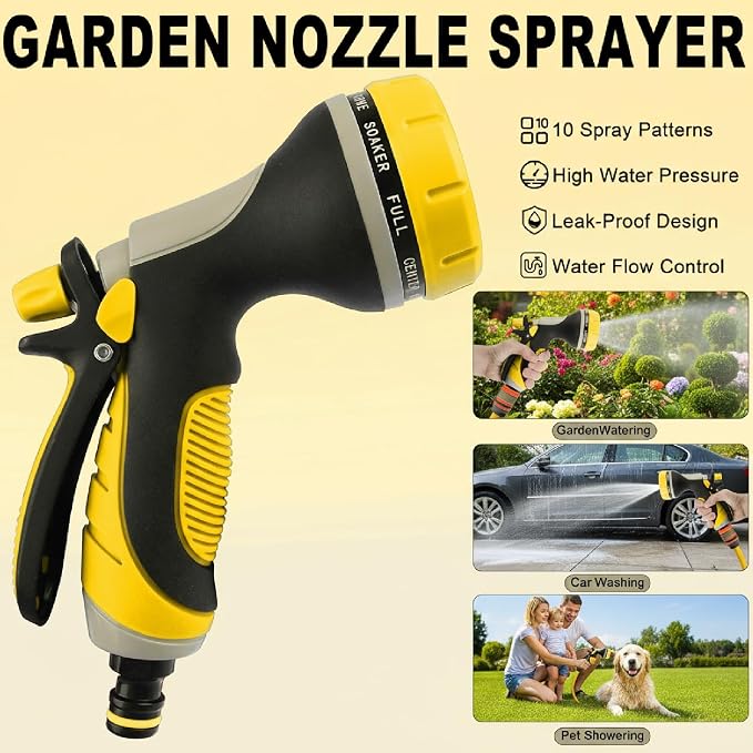 Garden Hose Nozzle with Adjustable 10 Watering Patterns Hose Spray Nozzle | Slip Resistant High Pressure Leak-Proof ,Water Hose Nozzle Sprayer for Plants & Lawns Watering,Car Washing and Pet Showering