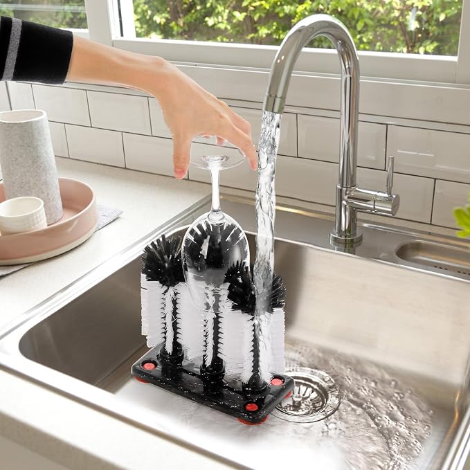 Yesland Water Bottle Cleaning Brush with Suction Base, 3 Head Removable Nylon Bristle Glass Cup Washer Brush Cleaner for Long Leg Cup, Beer Cup, Red Wine Glass, Bar, Kitchen, Sink, Home Tools