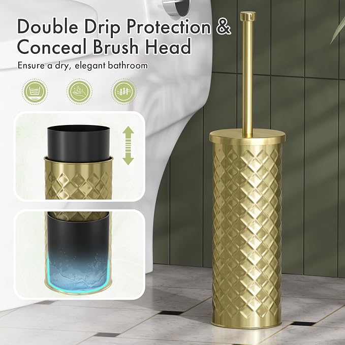 Toilet Bowl Brush and Holder Set 2 Pack with 4 Extra Brush Heads | Extra Long Handle with Splash Guard Cover, Tool-Free Installation, Bathroom Space-Saving, Cleaner Sets for Apartments, RV (Gold)