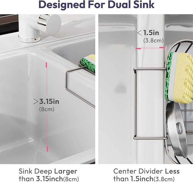 SWTYMIKI Sponge Holder for Kitchen Sink - Movable Kitchen Sink Caddy with M Shape Hook, Stainless Steel Hanging Sponge Caddy for Dish Sponge, Brush, Stopper Organizer in Double Sink, Sand Nickel