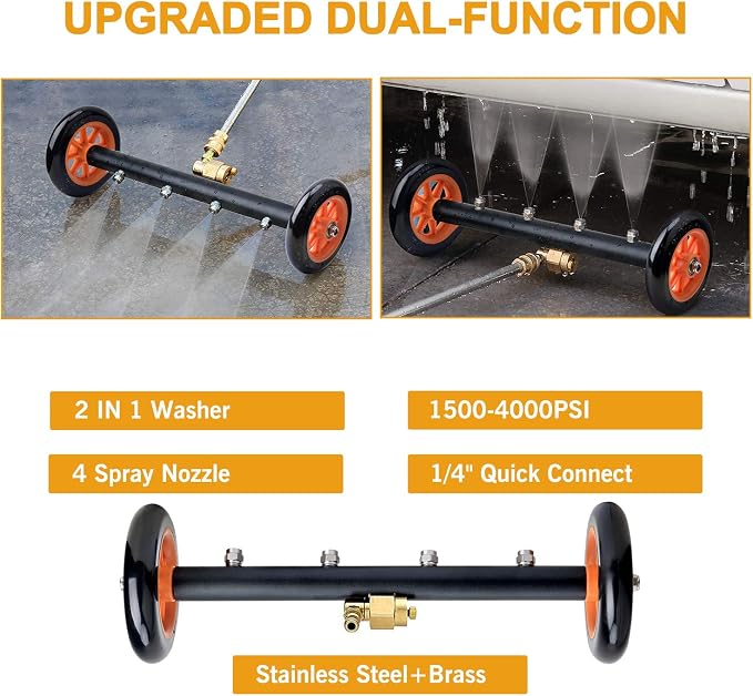 EVEAGE 2-in-1 Pressure Washer Undercarriage Cleaner and Water Broom, 16" Dual-Mode Surface Washer Attachment with 3 Extension Wands & Wash Mitt, 1500 to 4000 PSI for Car Wash, Driveway, Sidewalk
