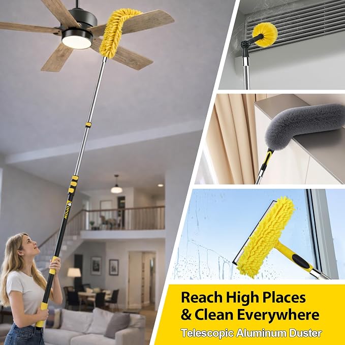 25 Foot High Ceiling Duster Kits with 4.5-18ft Heavy Duty Extension Pole, High Reach Duster for Cleaning,Microfiber Feather Duster,Cobweb Duster,Ceiling Fan Duster,Window Squeegee & Cleaner
