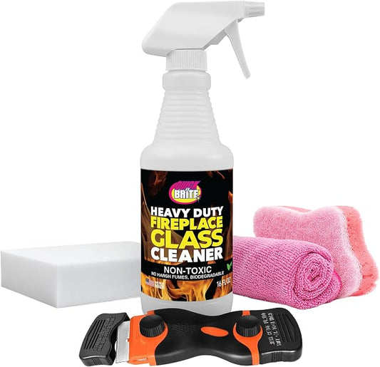 Quick 'n Brite Fireplace Glass Cleaner Kit – Heavy-Duty 16oz Cleaner with Scraper Tool, Melamine & Scrubber Sponges, Microfiber Towel – Glass, Wood Stove & Fireplace Door Cleaning - Made in the USA