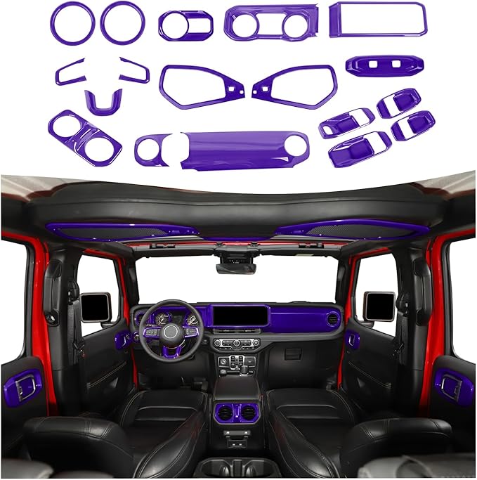 21PCS Full Set Interior Trim Kit for 2024-2026+ Jeep Wrangler JL JLU & Jeep Gladiator JT, Dashboard Side Outlet Door Handle Bowl Headlight Switch Roof Reading Light Cover (Purple)