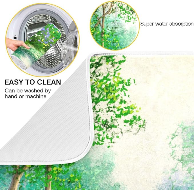 Absorbent Dish Drying Mat for Kitchen Counter - Green Tree Forest Microfiber Drying Pad, Reversible Drainer Mats for Countertop, Lager 18 x 24 inch