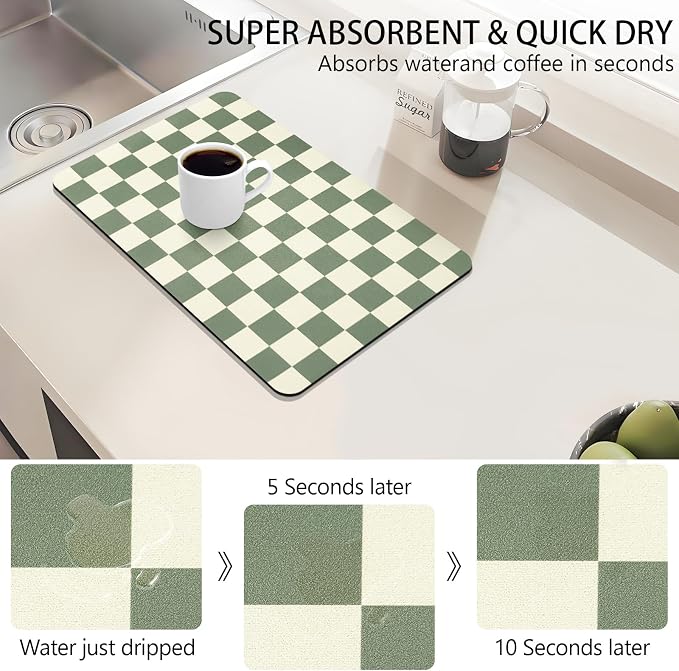 Dish Drying Mat for Kitchen Counter,11.8"x 18.9" Super Absorbent Kitchen Dish Drying Pad, Coffee Bar Mat with Rubber Backed, Coffee Bar Accessories for Countertop,Green Checkered