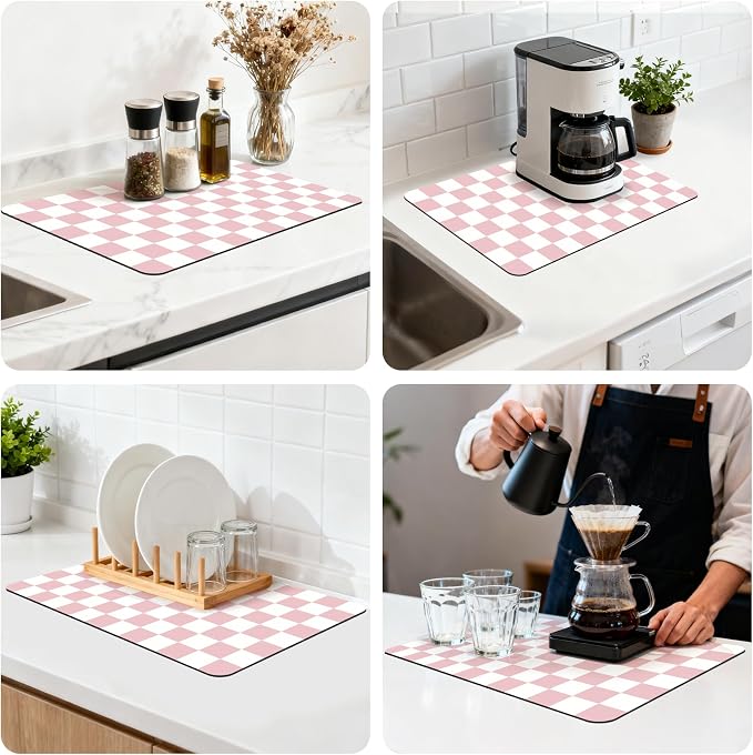 16" x 24" Checkered Dish Drying Mat for Kitchen Counter, Absorbent Coffee Bar Mat for Espresso Machine Coffee Countertops Accessories, Pink