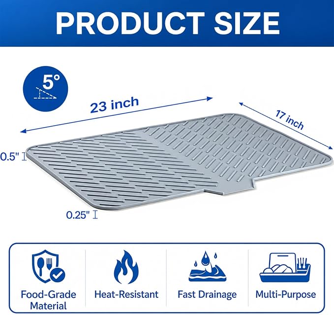 Large Silicone Dish Drying Mat – 23"x17" Sloped Sink Draining Tray with Sponge Holder for Kitchen Counter, Angled Surface for Water Drainage, Silicone Rack Mat with Drain Lip(Gray)