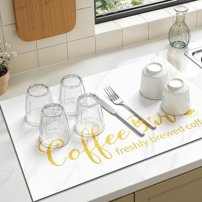 Findosom Dish Drying Mat, 12"x 20" Super Absorbent & Hide Stain Coffee Mat, Cuttable Drying Mat for Kitchen Counter, Coffee Bar Accessories, Under Dish Rack, Coffee Maker, Espresso Machine, White