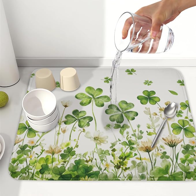 St Patrick's Day Green Clover Dish Drying Mat 16x18 Inch | Shamrock，Polyester，Absorbent Microfiber，for Kitchen Coffee Dining Bar Decor
