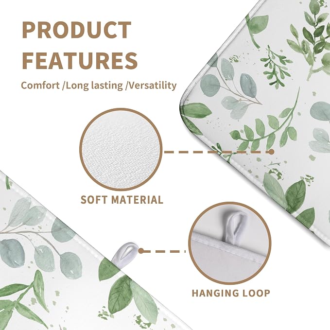 Summer Sage Green Leaves Dish Drying Mat Spring Eucalyptus Leaf Kitchen Dish Drying Pad Absorbent Dish Dryer Mat for Kitchen Countertops Microfiber Dishes Drainer Pad Dish Drying Rack Mat (18x24 in)