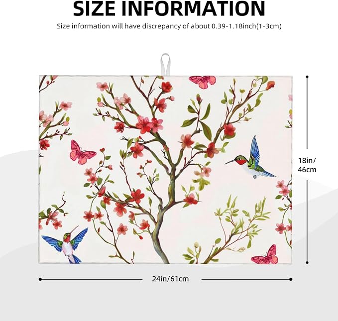Hummingbird Butterfly Dish Drying Mat For Kitchen Counter, Super Absorbent Microfiber Dish Drying Pad, Kitchen Gadgets For Easy Clean Multi-Use Large 18"x24"