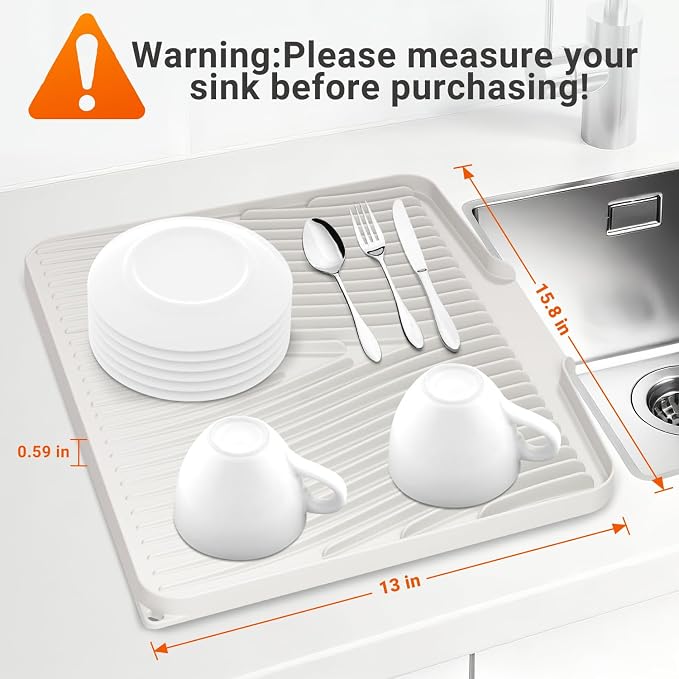 Silicone Dish Drying Mat for Kitchen counter, 15.8"x13" Extra Large Non-Slip Drain Pad with Built-in Drainage, Heat Resistant Dishwasher Safe, Cream
