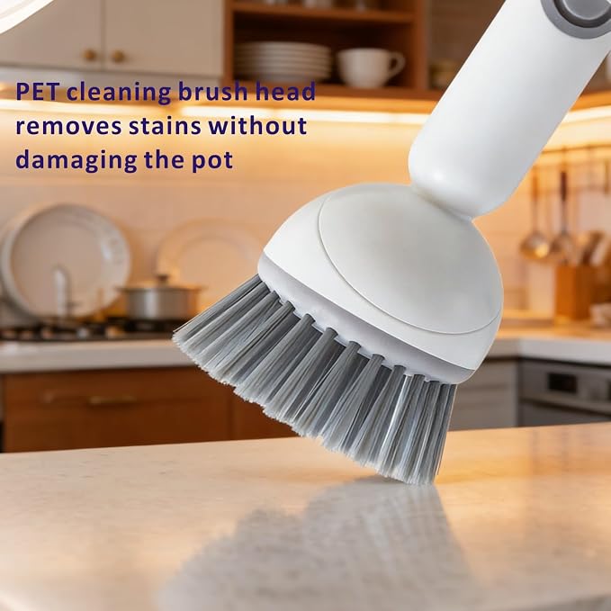 QMUNLLO 360° Rotating Dish Brush with Soap Dispenser, Non-Slip Long Handle Kitchen Scrubber Cleaning Set with Towel and Wall Hook, Ideal for Sink, Pans, Pots Cleaning(White)