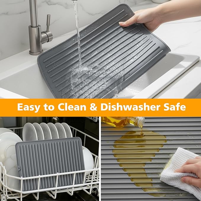 Songrey 16" x 12" Silicone Dish Drying Mat, Kitchen Counter Drying Pad for Sink Dishes or Under Rack, Multi-Use as Heat Resistant Trivet, Coffee Bar Mat