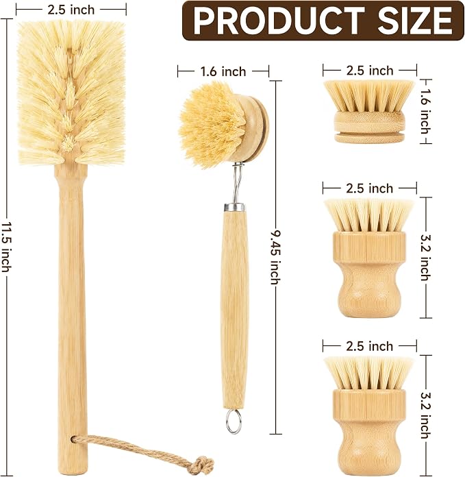 SAMEBUTECO 5 Piece Bamboo Dish Brush Set,11.5’’ Long Handle Bottle Brush with Sisal Bristles, 3 Pot Brushes,1 Replaceable Heads, Natural Kitchen Brush for Pot,Pans,Sink,Vegetables